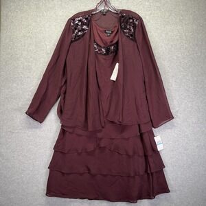 SLNY Dress Jacket Set Womens 16 Purple Sequin Tiered Chiffon Formal Evening